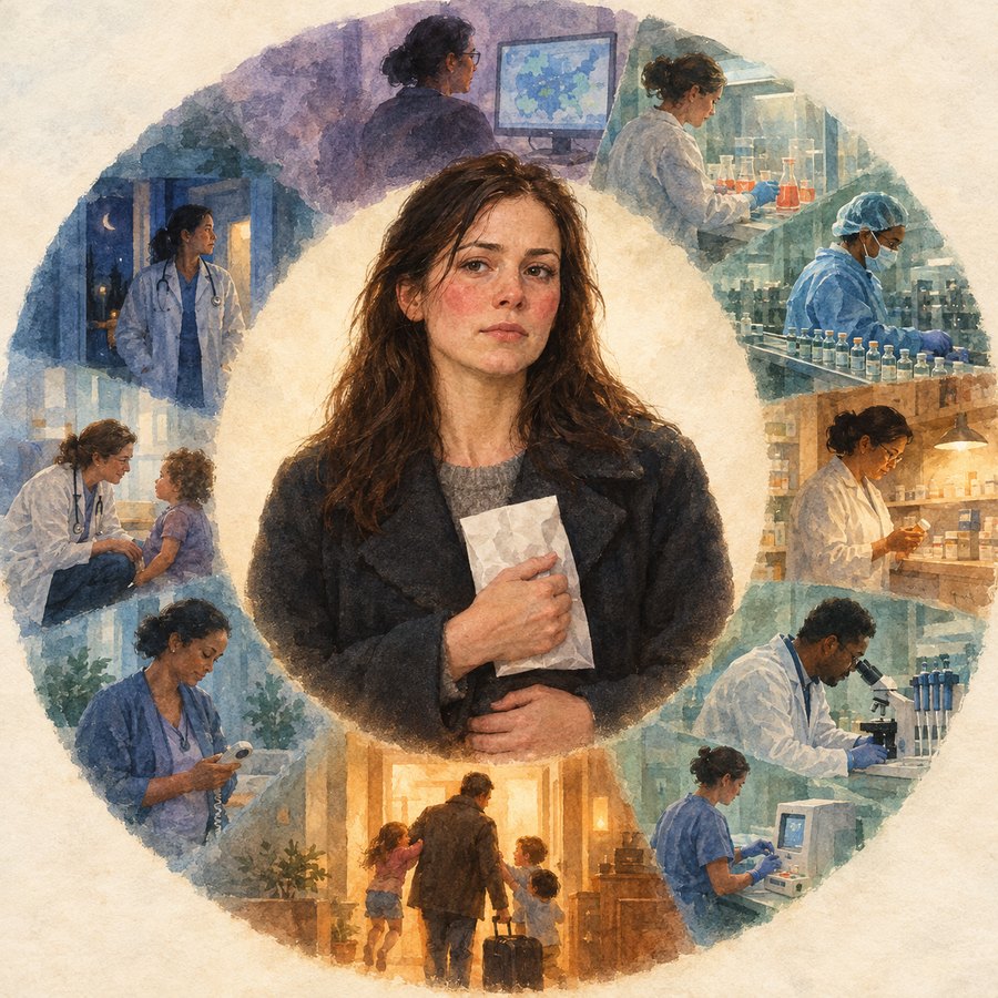 Watercolor of Emma at the center of a ring of the people whose work reached her