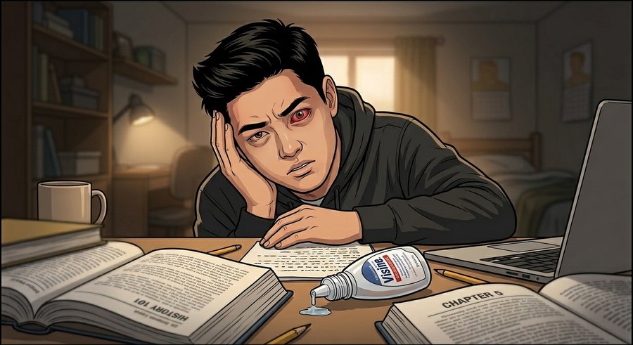 Comic panel: late at night, Jordan studies at his desk, his left eye red and inflamed, drops open on the books