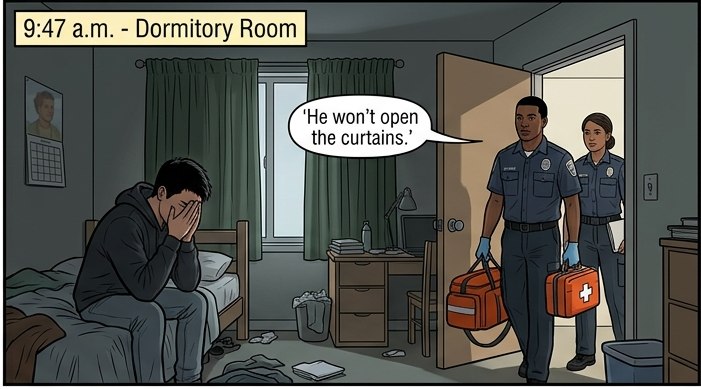 Comic panel: two EMTs arrive at the dorm room where Jordan sits shielding his eyes in the dark