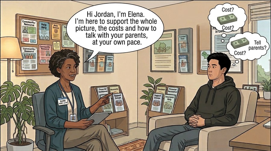 Comic panel: Elena the social worker talks with Jordan in her office