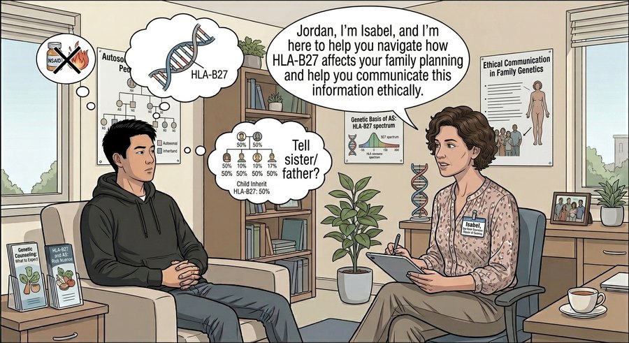 Comic panel: Isabel the genetic counselor walks Jordan through a family inheritance chart