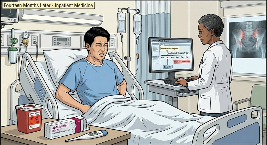 Comic panel: Dr. Kim the hospitalist reviews Jordan’s chart during his admission
