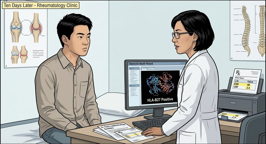Comic panel: Dr. Nakamura reviews the results with Jordan in the rheumatology clinic