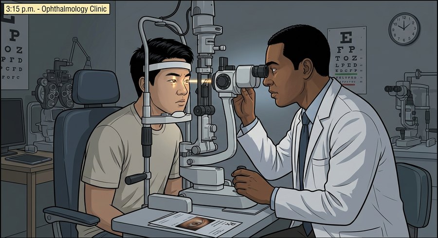Comic panel: Jordan at the slit lamp while the ophthalmologist examines his eye