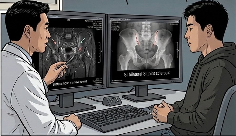 Comic panel: the radiologist reads Jordan’s MRI in the reading room