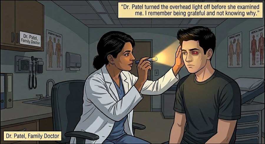 Comic panel: Dr. Patel examines Jordan’s eye with a penlight in the family medicine exam room