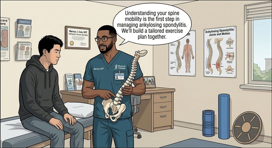 Comic panel: Patrick the physical therapist coaches Jordan through spine mobility work