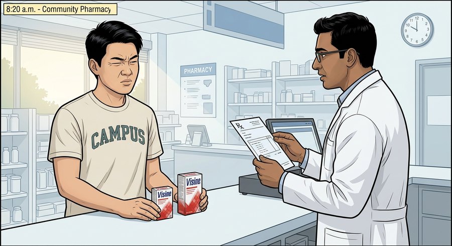Comic panel: at the pharmacy counter, the pharmacist stops the sale of redness drops