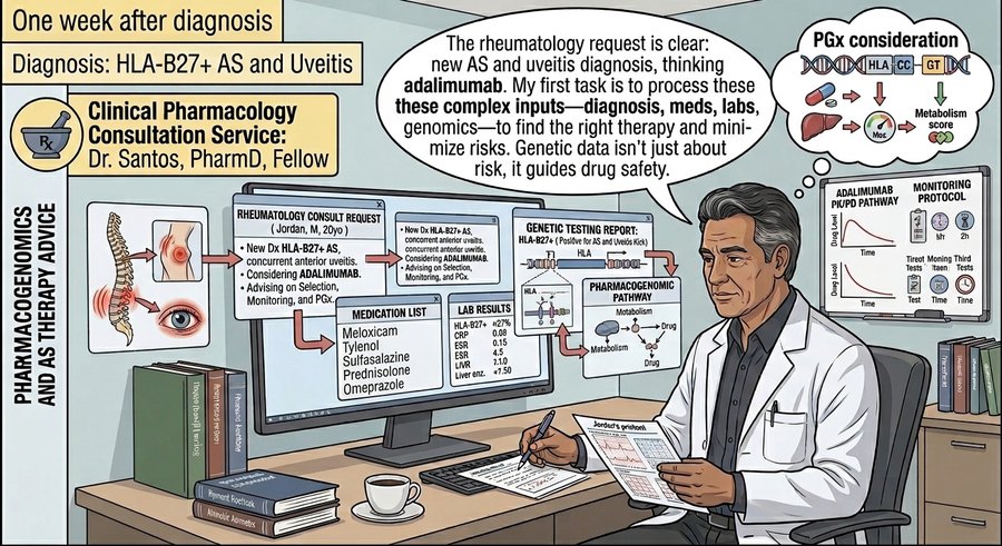 Comic panel: the clinical pharmacology consultant reviews Jordan’s rheumatology consult request, medication list, labs, and genetic report across his screens, weighing adalimumab.