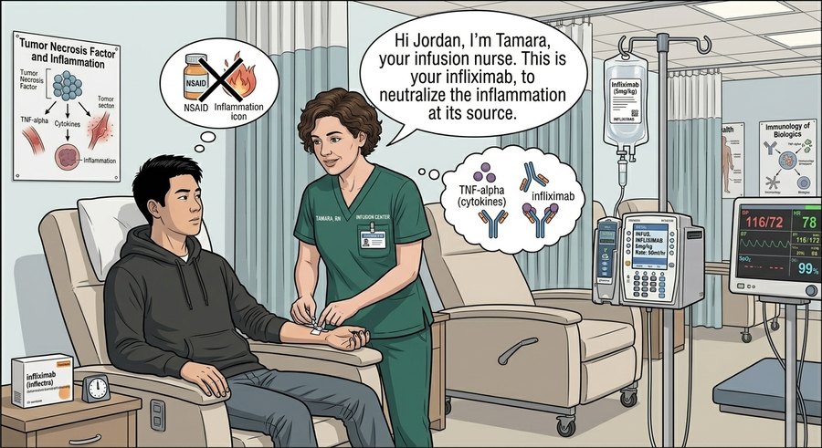 Comic panel: Jordan in the infusion chair while Tamara the infusion nurse starts his biologic